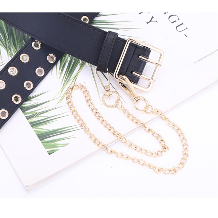 Thắt lưng nữ Nịt da xích kèm chain 2 hàng lỗ Khoen vàng Bản 4cm