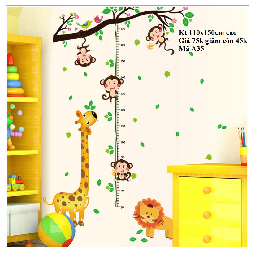 Decal dán tường đo chiều cao hươu khỉ