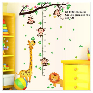 Decal dán tường đo chiều cao hươu khỉ