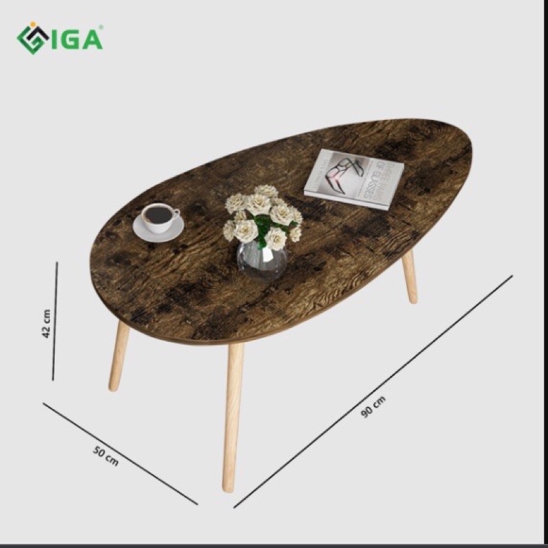 bàn trà chân gỗ , bàn sofa cafe phòng khách hình trứng GP55.08 màu gỗ cháy