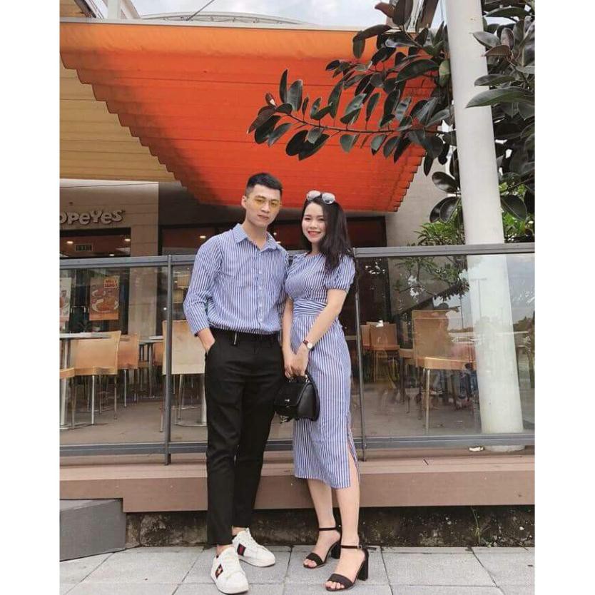 Áo đôi áo cặp 🎀FREESHIP🎀 áo váy đôi, nữ váy nam sơ mi màu xanh sọc chất đẹp - ÁO ĐÔI HQcouple AV104