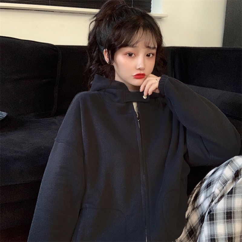 Áo hoodie dài tay màu trơn phối khóa kéo thời trang mùa thu năng động