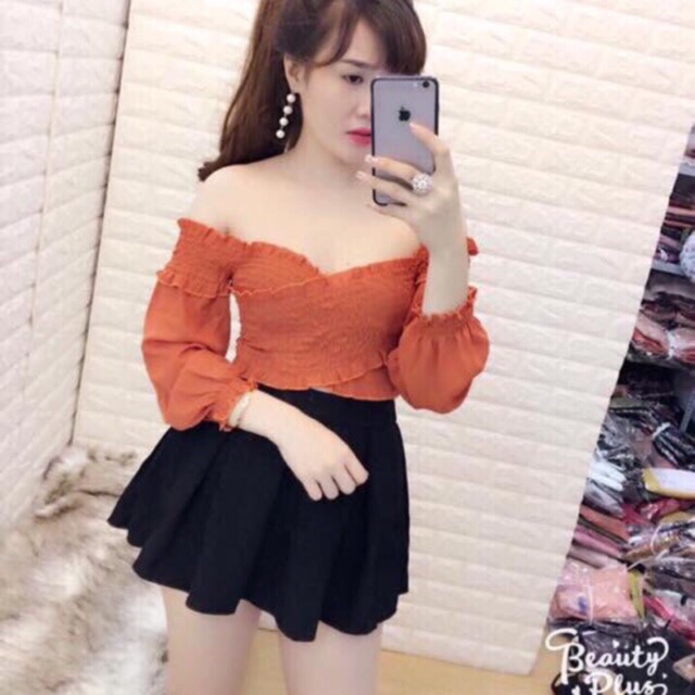 Áo nhún bẹt vai croptop