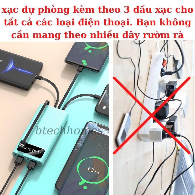 Pin sạc dự phòng 20000mAh 10000mAh nhỏ gọn di động tích hợp dây cáp sạc tiện dụng