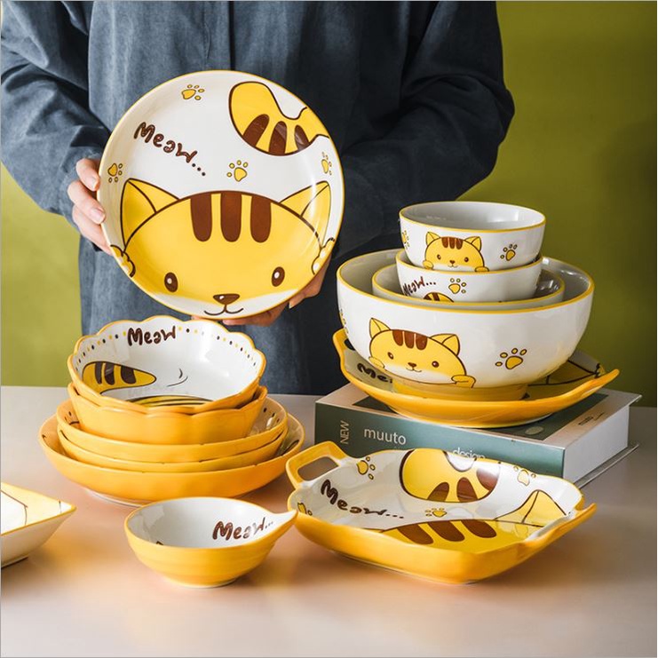 Bộ chén bát sứ, đĩa sứ, khay sứ cao cấp Mèo vàng Decor trang trí bàn ăn