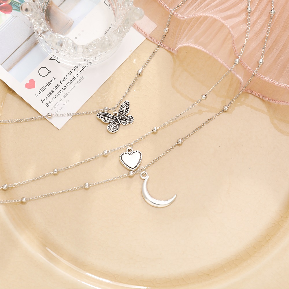 Set 3 Vòng Cổ Nhiều Lớp Mặt Hình Bướm / Mặt Trăng / Trái Tim Thời Trang Cho Nữ