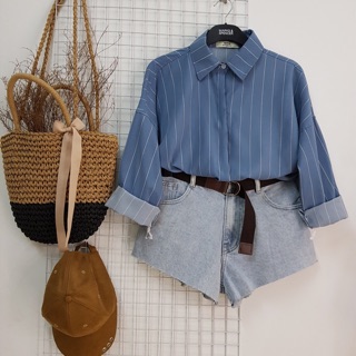 Áo Sơ mi oversize xanh dương sọc trắng (lụa)