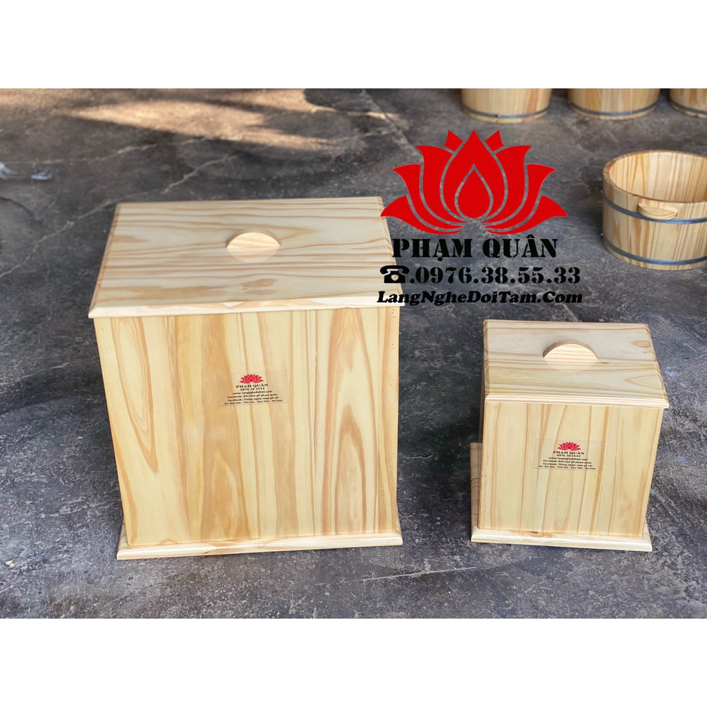 Thùng gỗ đựng gạo dáng vuông, thùng đựng gạo gỗ thông 50-60kg