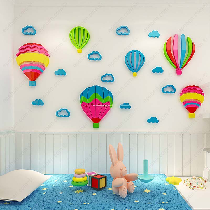 Tranh dán tường mica 3d decor khổ lớn khinh khí cầu sắc màu trên bầu tời trang trí mầm non, phòng bé Nhiều Size - EPeBen