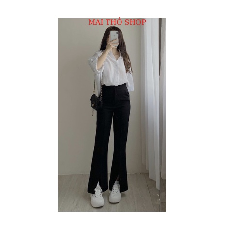 Quần jean bò ống loe đen xẻ gấu cạp cao hách dáng chất jeans co giãn thoải mái gấu tua cá tính phong cách hàn quốc