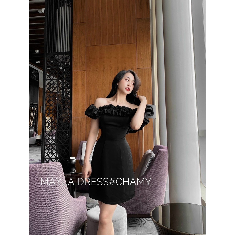 [ Miễn phí ship 2022 ] Đầm nữ công chúa dự tiệc, đầm đen trễ vai cổ bèo dáng ngắn quyến rũ, mặc siêu tôn dáng