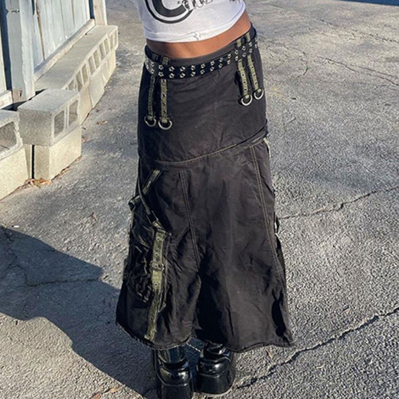 Brroa Chân Váy Midi Dáng Chữ A Dài Lưng Thấp Phối Vòng Kim Loại Phong Cách Gothic Punk Harajuku Đường Phố Cho Nữ