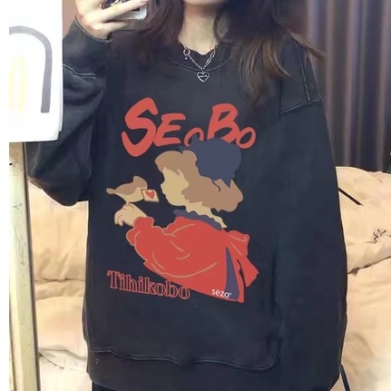 Áo sweater ZHELIHANGFEI tay dài cổ tròn dáng rộng thoải mái in hình thời trang