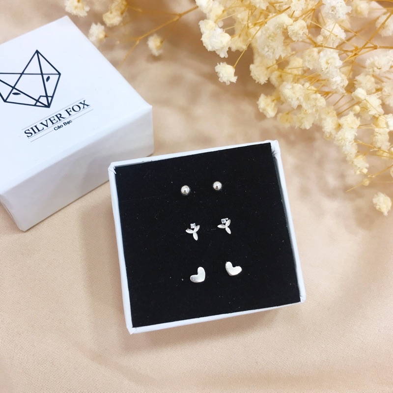 Set 3 Đôi Khuyên Tai Bạc Ta CaoBac Silver Nụ Basic Chấm Tim Mini Lá