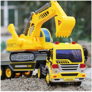Bộ xe công trình gồm 2 xe đầu kéo và xe cẩu xúc xe đồ chơi trẻ em mô hình tỉ lệ 1:16 xe có âm thanh và đèn