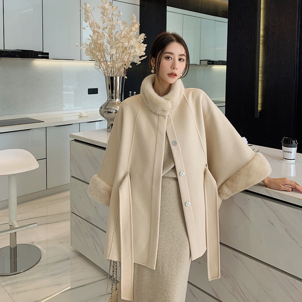 áo choàng cashmere cao cấp hai mặt cổ lông sang trọng quý phái phong cách châu âu sành điệu. hàng QC KCC1558