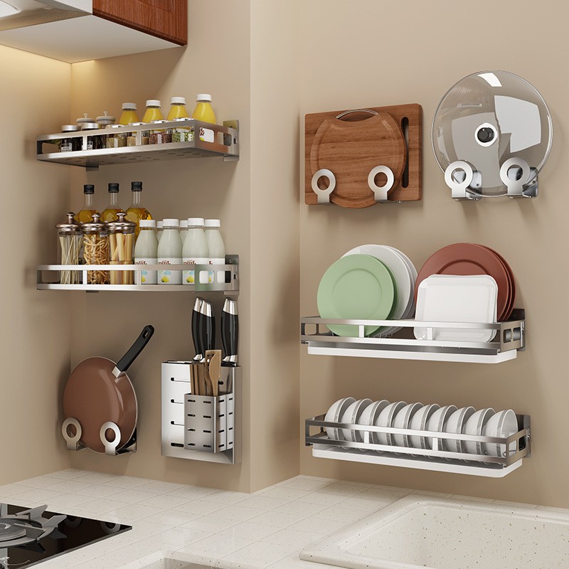 Kệ giá dán tường bếp INOX 304 cao cấp đựng hủ lọ gia vị, chai lọ, chén, đĩa, dao, đũa, vung nồi - KHÔNG CẦN KHOAN TƯỜNG | BigBuy360 - bigbuy360.vn