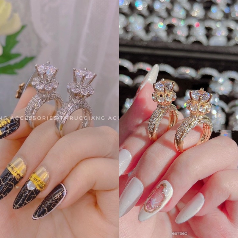 Nhẫn thân thon soàn tấm đế hoa có hột xi bạch kim