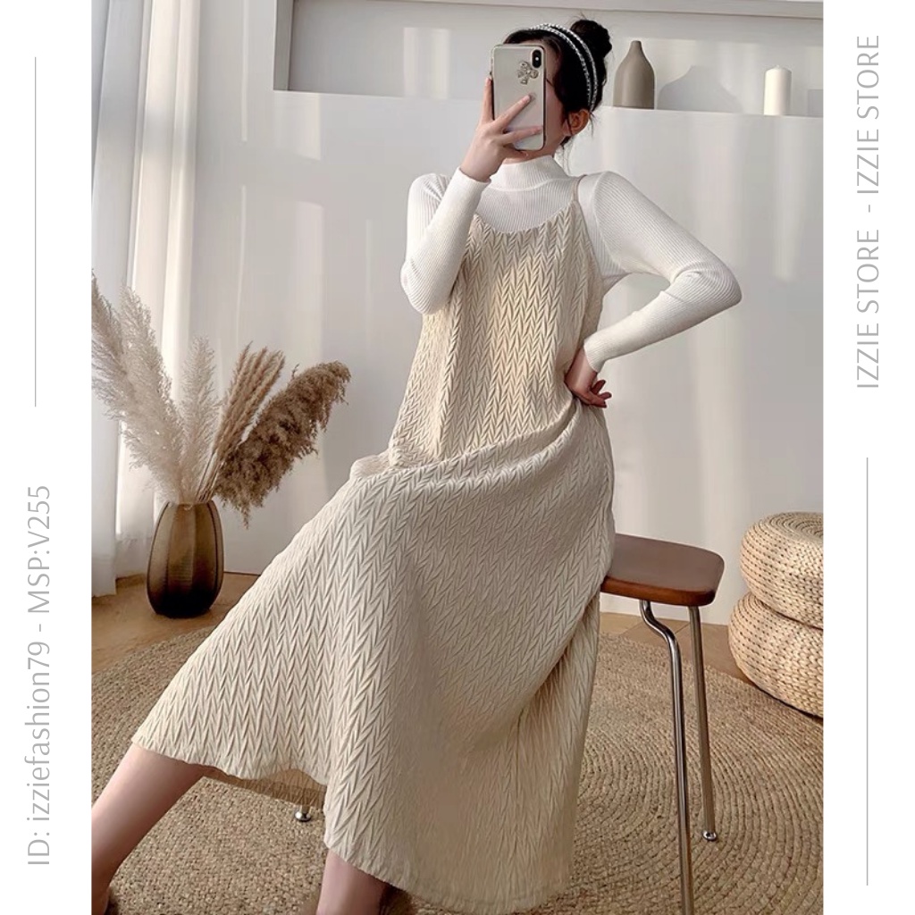 Váy đầm 2 dây Izzie 2022 cổ V nhung hàn mềm mịn V255, dáng chữ A, thoải mái, sang trọng, quyến rũ, form dưới 60kg