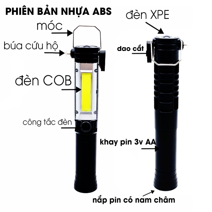 Đèn pin siêu sáng đa năng,6 trong 1 phiên bản nhựa ABS,có đèn XPE , đèn COB, có búa cứu hộ, có dao móc,có nam châm.