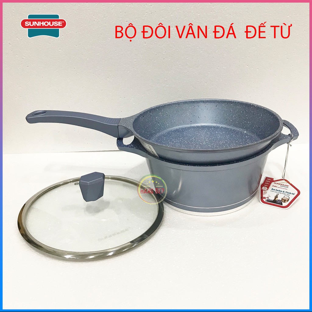 Bộ đôi nồi chảo vân đá đế từ 24cm & 26cm  Sunhouse giá rẻ