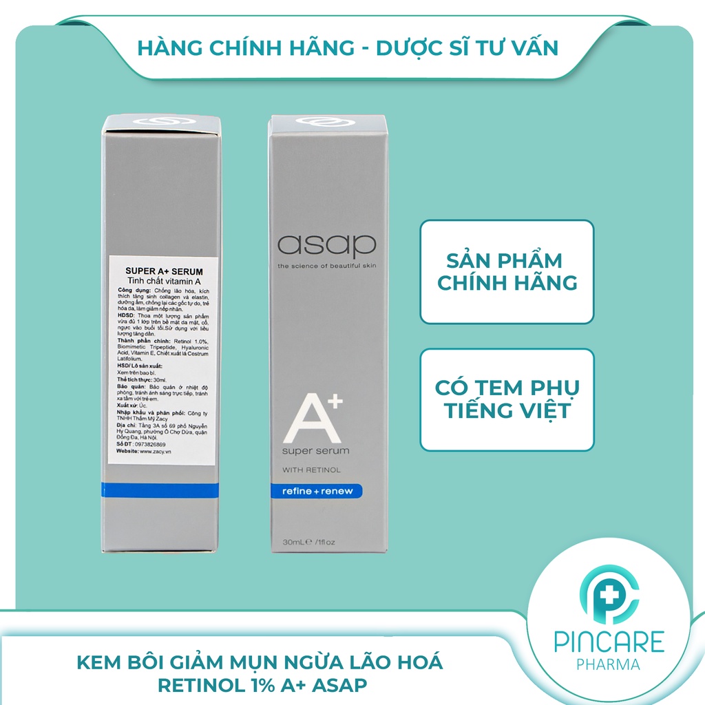 Tinh chất giảm mụn chống lão hoá Asap Super A+ Serum 30ml chứa Retinol 1% - Hàng chính hãng - Nhà Thuốc PinCare