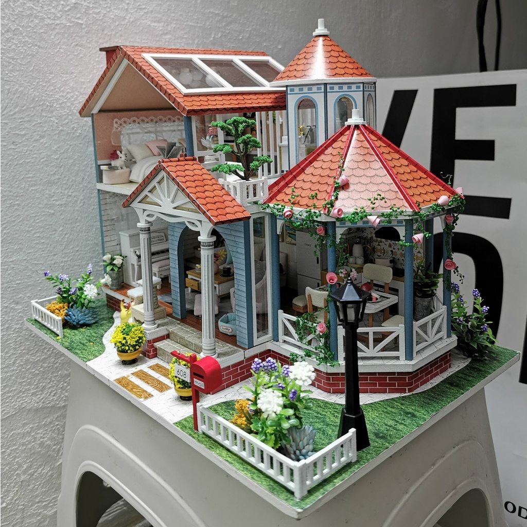 Mô hình nhà DIY Doll House Coloured Glaze Time Kèm Mica Chống bụi, Bộ dụng cụ, Keo dán và Bộ phát nhạc