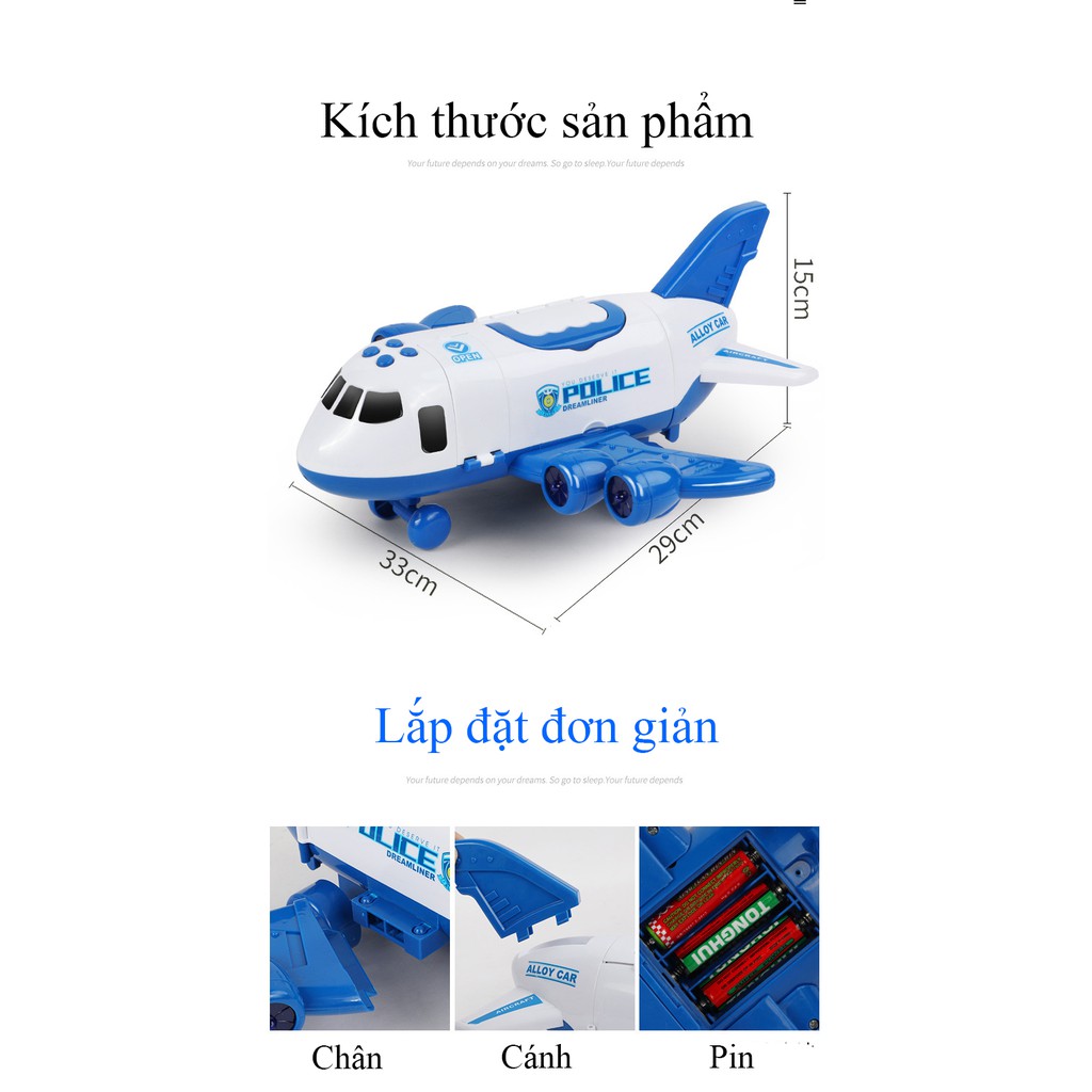 Bộ đồ chơi mô hình máy bay chứa 4 xe ô tô cảnh sát biển báo chạy pin kèm nhạc và phát sáng