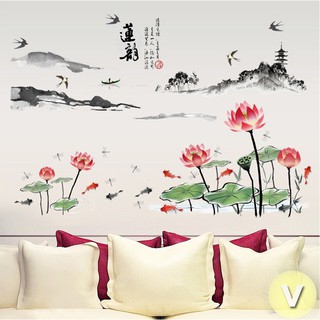 Decal dán tường thủy mặc hoa sen