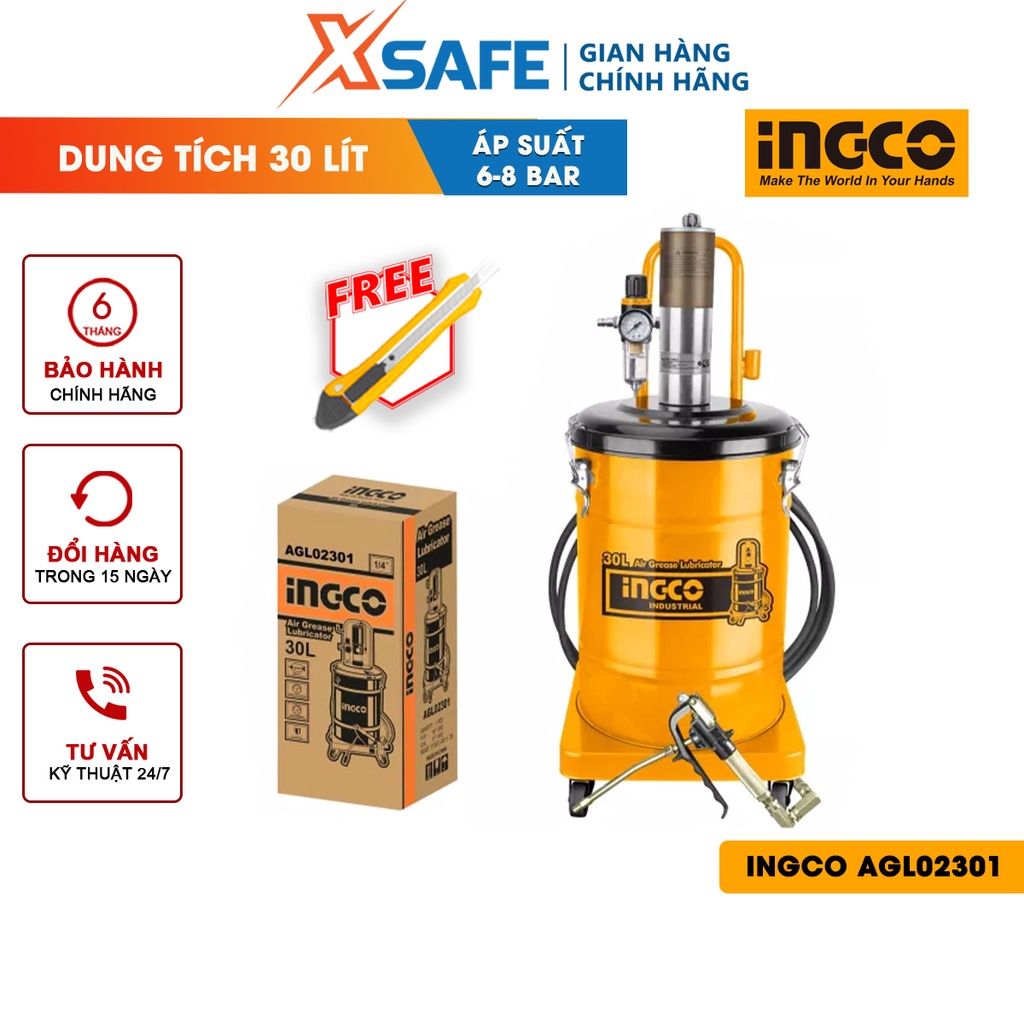 Máy bôi trơn dầu mỡ INGCO AGL02301 dung tích 30L, chiều dài ống mỡ 5m, đường kính xi lanh 70mm