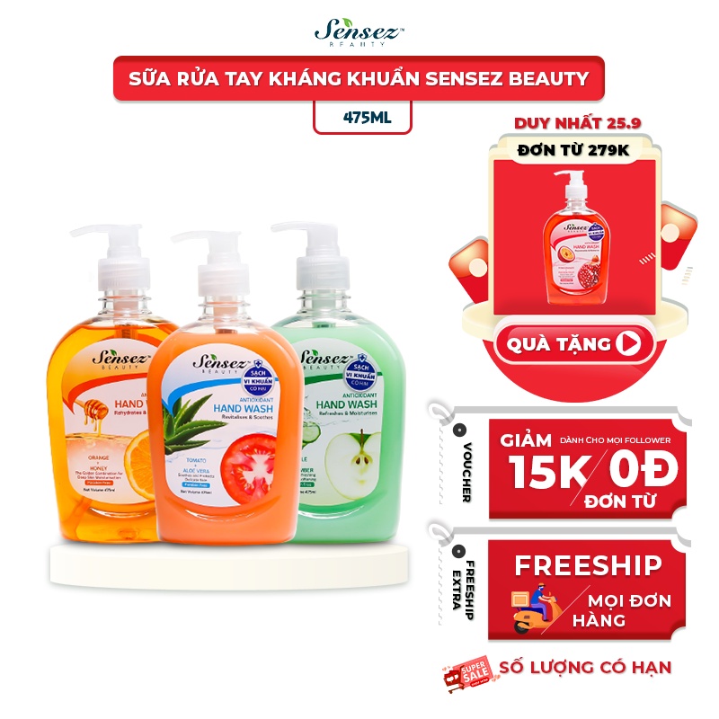 Nước Rửa Tay Chai Dưỡng Da Diệt Khuẩn Sensez Beauty Nước Rửa Tay Dưỡng Ẩm Mềm Da 475ml - Hương Lựu Táo Nha Đam Cam