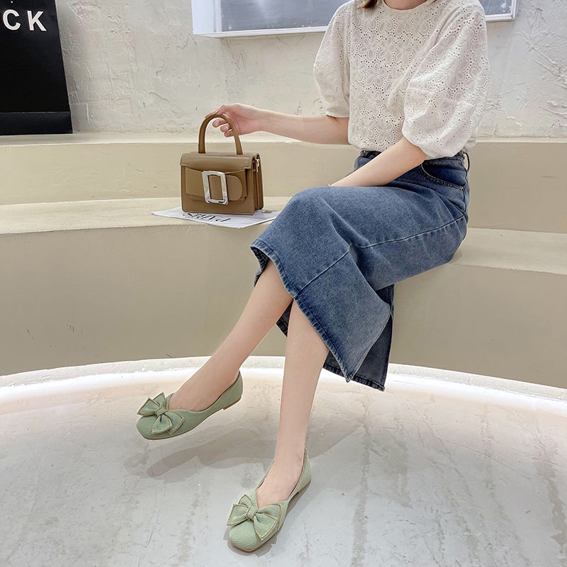 Giày Búp Bê Đế Bằng Miệng Nông Đính Nơ Dễ Phối Đồ Thời Trang Cho Nữ