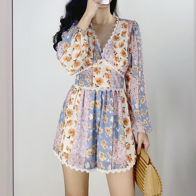( Ảnh thật ) 0351 áo liền quần hoạ tiết viền ren
