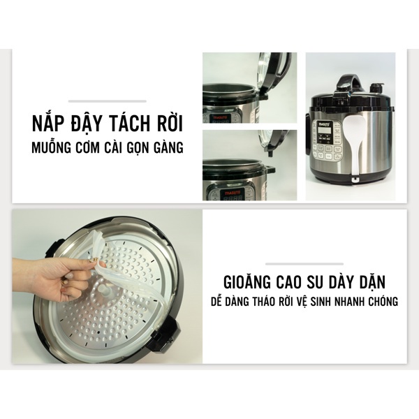 Nồi áp suất Masuto LG-06A Công Suất 1000W, Dung Tích 6L, 7 Chức Năng, Ruột Inox 304 Nguyên Khối - Hàng Chính Hãng