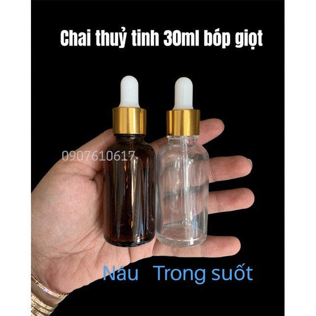 Chai thuỷ tinh 30ml bóp giọt nâu &amp; trong suốt đựng serum, tinh dầu