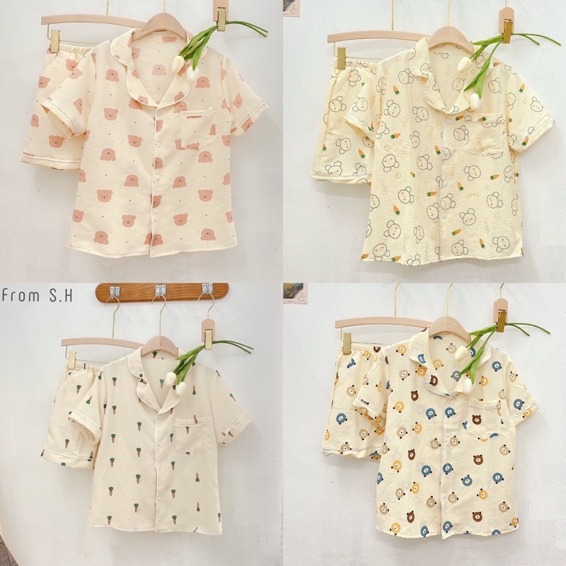 [ ẢNH THẬT ] Set pijama cổ bẻ dáng cộc hoạ tiết xinh xắn. Bộ ngủ nữ pyjama nhiều màu dễ thương