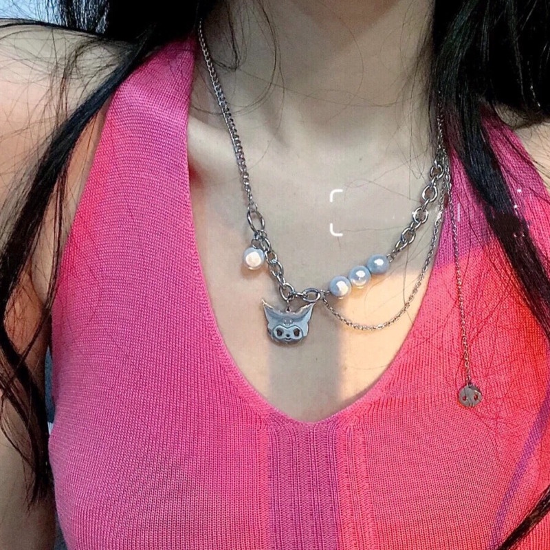 Vòng cổ nhiều lớp bằng thép titan phối ngọc trai cá tính thời trang phong cách Hàn Quốc