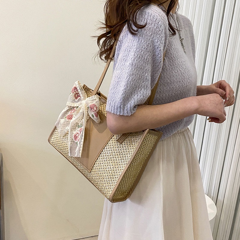 Túi xách Yadou đeo vai đan cói phối nơ ren phong cách cá tính