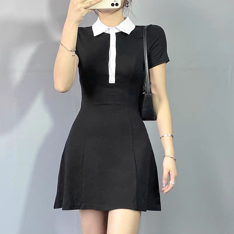 đầm polo ⚡Bán Lỗ⚡Đầm nữ cổ sơ mi dáng ôm body, thun cộc tay màu ĐEN  Ulzzang [v07] | BigBuy360 - bigbuy360.vn