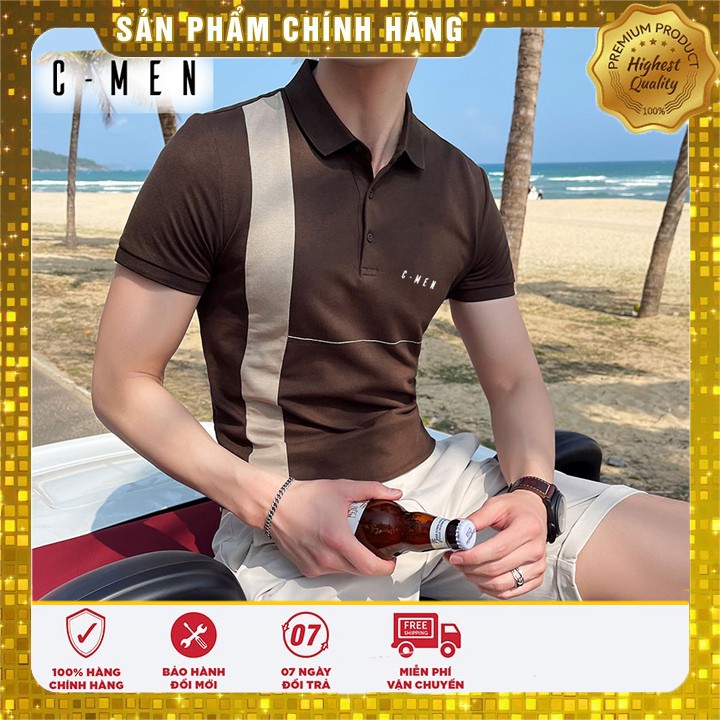 Áo Polo phông nam cổ bẻ ngắn tay phối kẻ dọc thân áo C Men AN16 cotton cao cấp