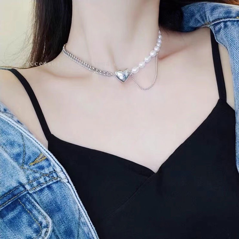 Vòng cổ bạc mặt trái tim xỏ ngọc trai nhân tạo thời trang cho nữ