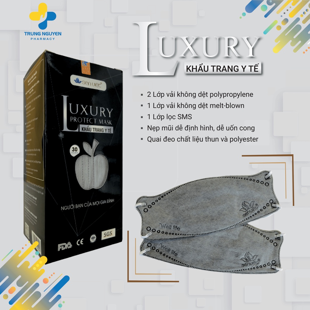 Khẩu trang y tế màu xám Luxury Protect (Hộp 30 cái)