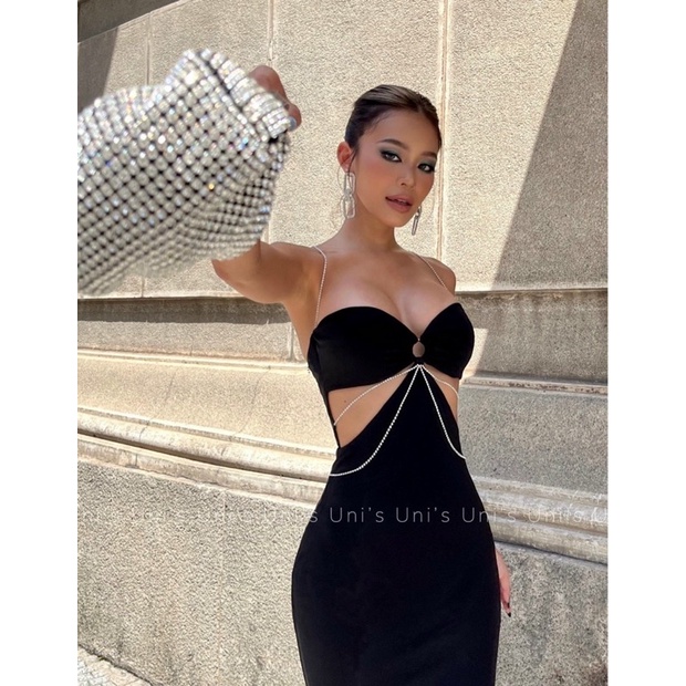 Đầm đen body loe dáng dài khoen ngực khoét eo 2 dây kết đính đá sexy siêu xinh đi dự tiệc sang trọng dạ hội quý phái
