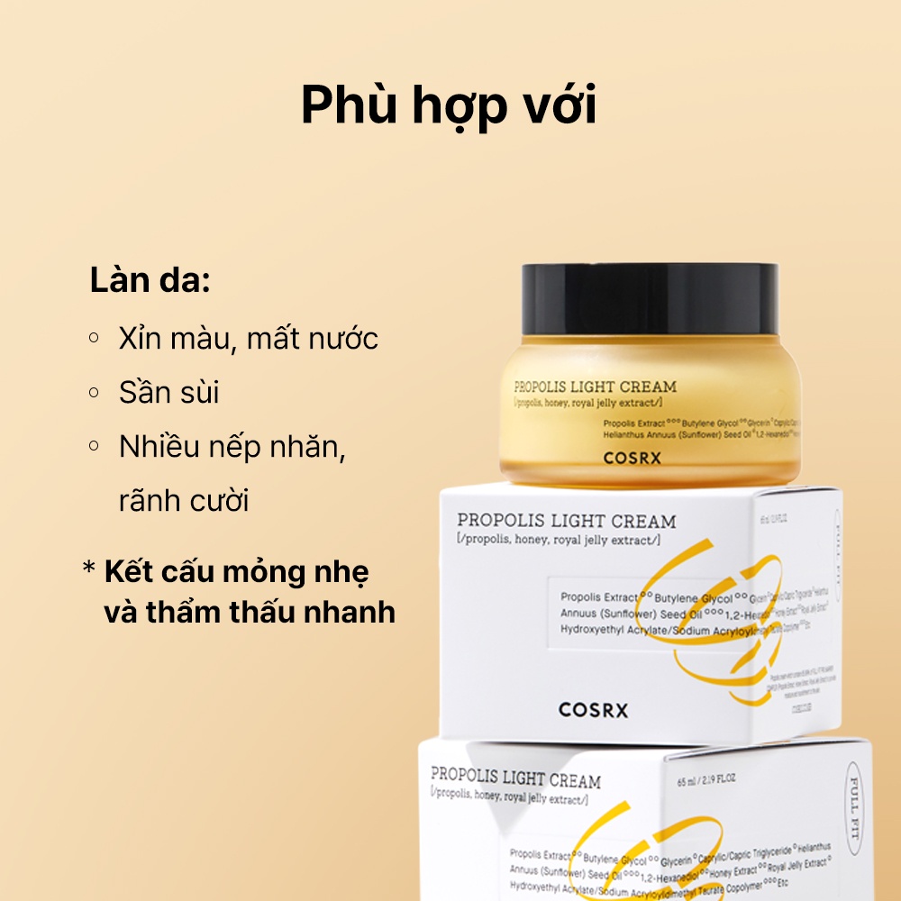 Kem dưỡng ẩm COSRX Propolis Light Cream  65ml chứa thành phần mật ong làm sáng da