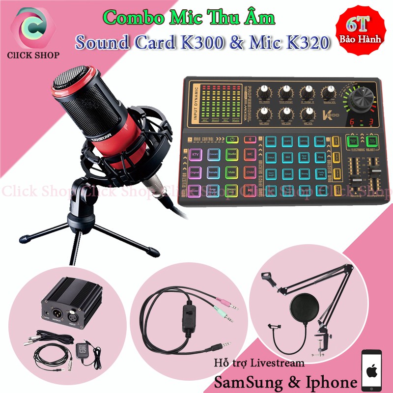 Sound card k300 mic thu âm Takstar PC K320 nguồn 48v chân đế màng lọc và dây livestream MA2 2 dây mic