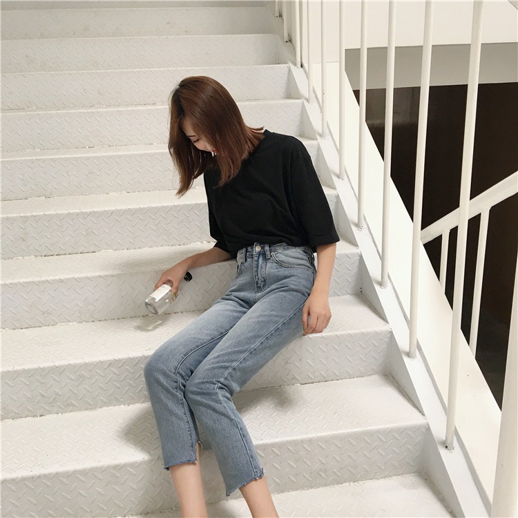 Quần bò ống suông/ quần jeans nữ baggy lưng cao Ulzzang Quảng Châu (Mom Jeans)