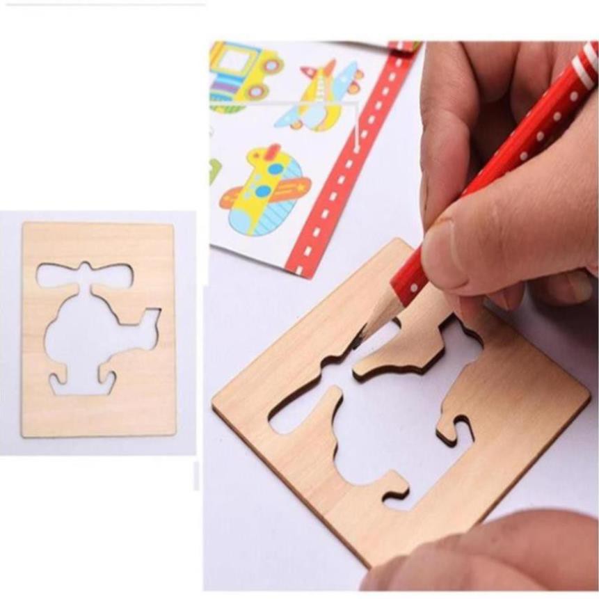 Đồ chơi giáo dục tập tô màu Bộ Khuôn hình gỗ an toàn cho bé tập vẽ gồm 48 chi tiết hoạt hình + Bút màu + Bút chì.