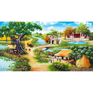 tranh thêu đồng quê cây đa giếng nước sân đình .lv3312