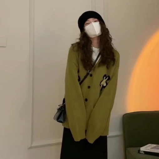 【ZHELIHANGFEI】Áo Cardigan Dệt Kim Tay Dài Cổ Chữ V Dáng Rộng Phong Cách Preppy Nhật Bản