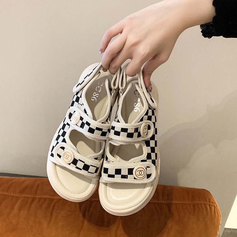Sandal quai ngang kẻ ô caro đế bằng cực êm - 3P
